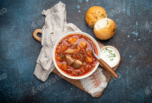 Preview: Hearty Soup with Meat and Vegetables Overhead Shot