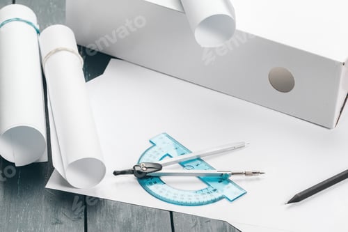 Preview: office workspace with blank paper, pencils and various drawing tools, top view