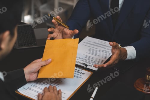 Preview: A businessman or politician together with a lawyer agrees to accept the bribe given in an envelope.