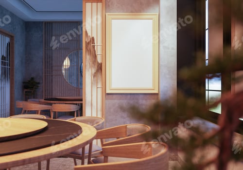Preview: 3D illustration Mockup photo frame in restaurant, rendering