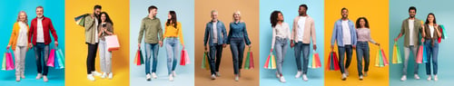 Preview: Diverse shoppers celebrate Black Friday with colorful shopping bags indoors
