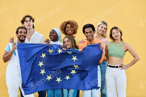 Preview: Multi-ethnic friends raising a European Union Flag