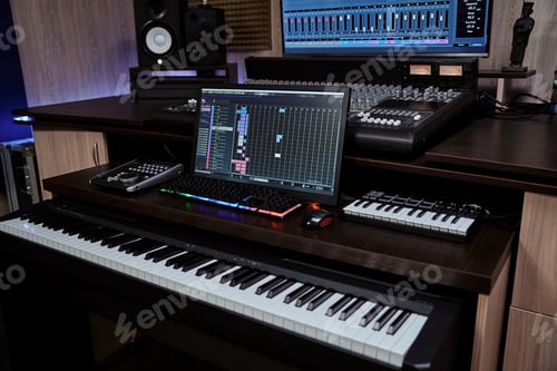 Preview: Recording studio equipment. Midi synthesizer with screen keyboard and loudspeaker for creating