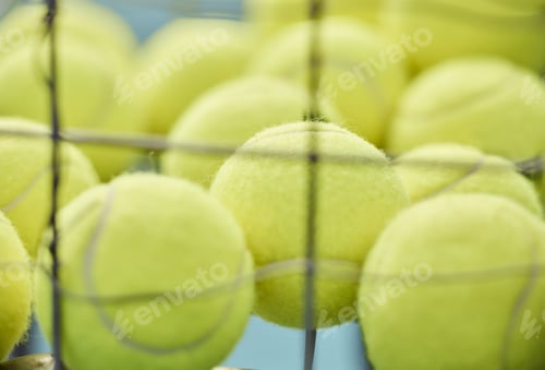 Preview: Tennis ball, close up and basket for training or sport for exercise, cardio or serve for game. Spor