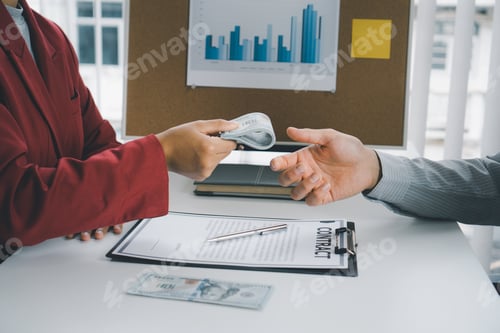 Preview: Bribery and corruption concept, businesswoman, give money, banknotes Dollar bribe male businessmen t