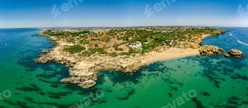 Preview: Panoramic aerial drone view of Praia do Castelo beach, Albufeira, Algarve, Portugal