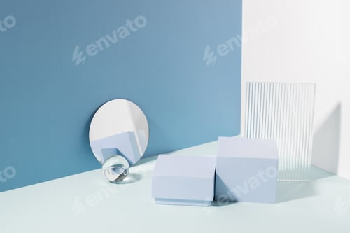Preview: Abstract creative geometric podium from various materials, blue background hard shadows. Minimalism