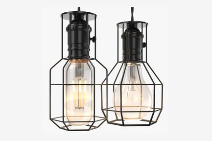 Preview: Two Industrial Hanging Lights, Illuminated and Unilluminated Pendant Lamps with Geometric Metal Frameworks
