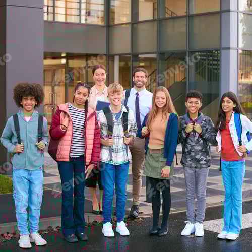 Visualização: Retrato de uma turma de alunos do ensino médio ou secundário em frente ao prédio da escola com professores