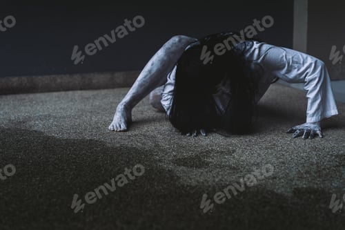 Preview: Ghost Woman Horror scene Death movie with Halloween Makeup lying on Floor
