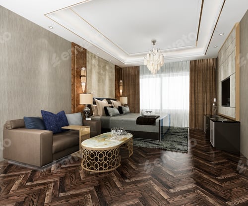 Preview: 3d rendering modern dining room and living room with luxury chinese decor