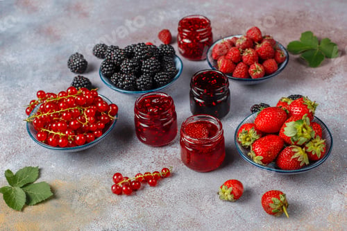 Preview: Assortment of berry jams,top view