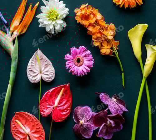 Preview: Colorful tropical flowers on black background