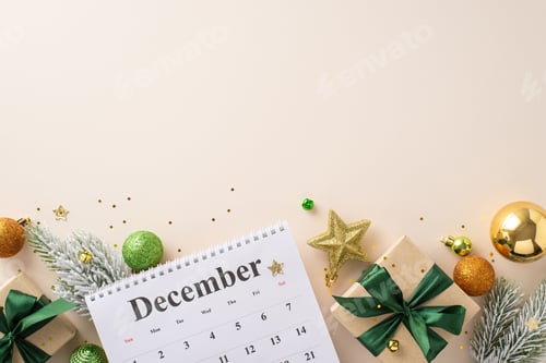 Visualização: Aguardando a chegada do Ano Novo. Vista superior do calendário de dezembro, caixas de presente rústicas