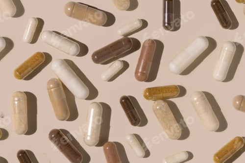 Preview: Mix of medical capsules on light beige top view, hard shadows. Taking dietary supplements