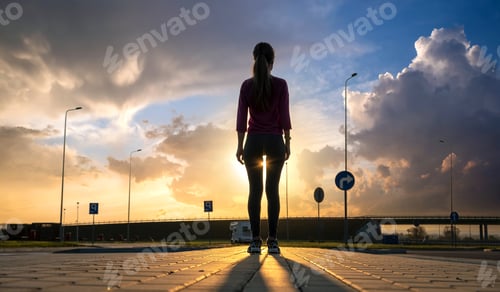 Preview: Dark silhouette of a young woman standing on empty parking lot at sunset
