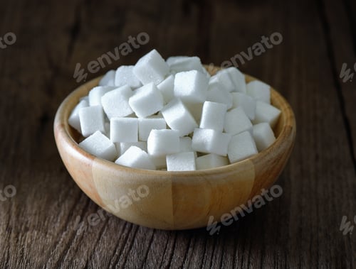 Preview: Sugar cubes in wood bowl on wood table