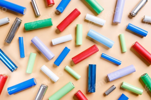 Preview: colorful used Nickel Metal Hydride (Ni-MH) battery, beige background, flat lay