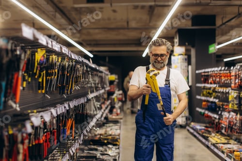 Preview: Man shopping pipe wrench in hardware store aisle