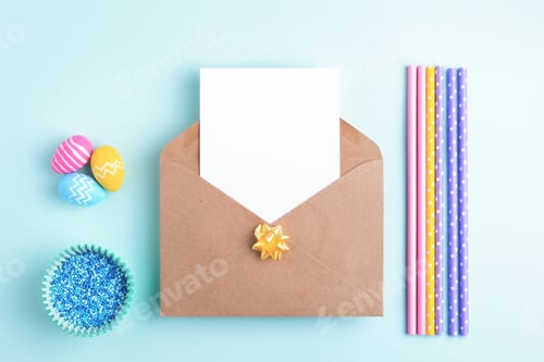 Preview: Easter background with empty card, easter eggs, holiday decoration.
