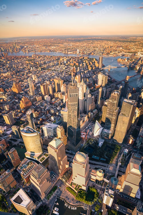 Preview: Aerial view New York City Skyline with Freedom Tower at Sunset