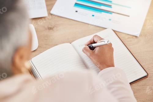 Preview: Senior woman writing notes, data and ideas for marketing campaign, copywriter with info for motivat