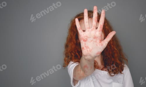 Preview: Stop Measles. Woman With Red Spots Over Grey Background