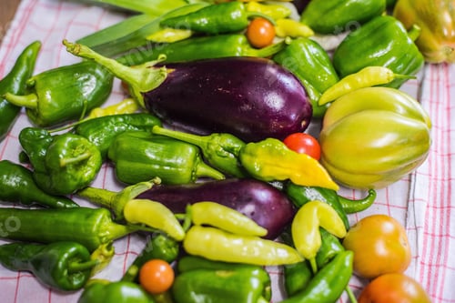 Preview: Closeup shot of fresh vegetables: peppers, tomatoes, eggplants