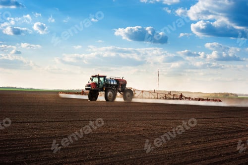 Preview: self-propelled sprayer with long arms at the arable field in early spring