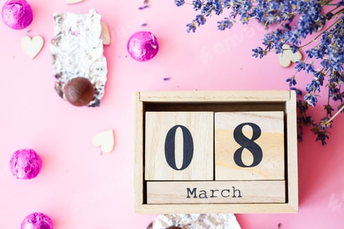 Preview: Date of March 8, International Women's Day with copy space. Wooden decorative calendar
