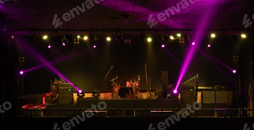 Preview: Empty stage concert with lighting laser beam spotlight show in disco pub club bar for party music