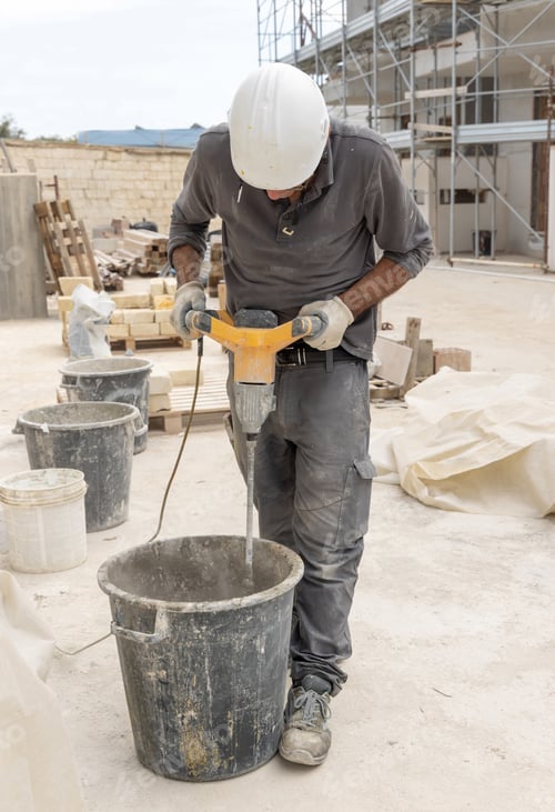 Preview: Craftsman in grey work clothes mixing cement or plaster with a tool in construction site