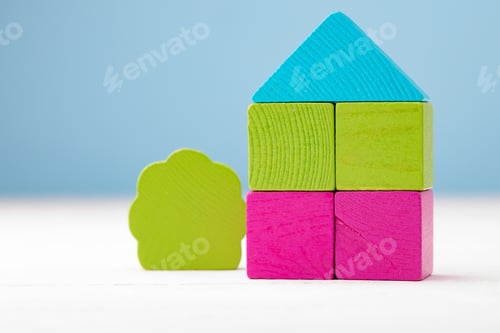 Preview: Wooden toy building kit details on blue background
