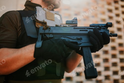 Preview: Soldier holding a submachine gun with a red dot sight during a military operation