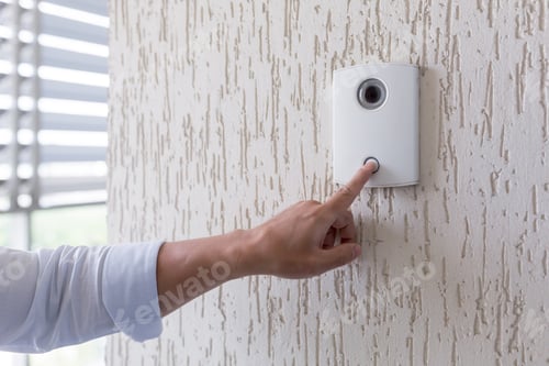 Preview: Hand of a man in a white shirt pressing the button of a door