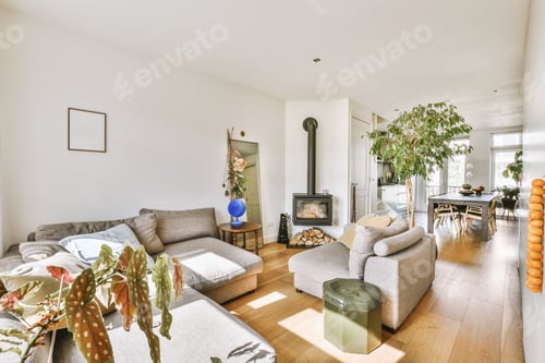 Preview: Spacious living room with open kitchen