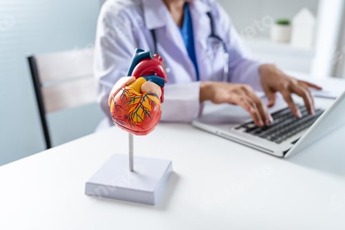 Preview: Doctor consult patient on laptop with anatomical model of human heart