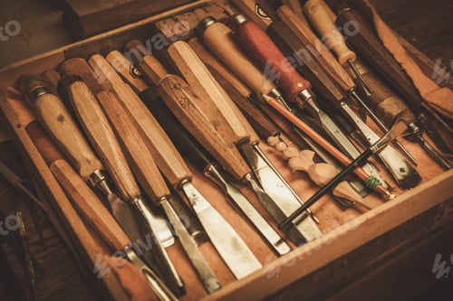 Preview: Close-up of the carpenter tools in restorer workshop