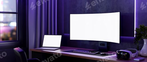 Preview: White screen computer and laptop with headset on wooden table with neon purple monitor backlighting.