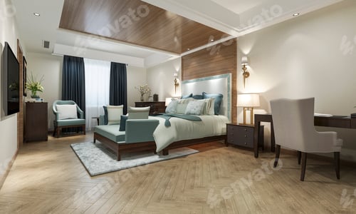 Preview: classic luxury bedroom suite in hotel with tv and working table and european style furniture