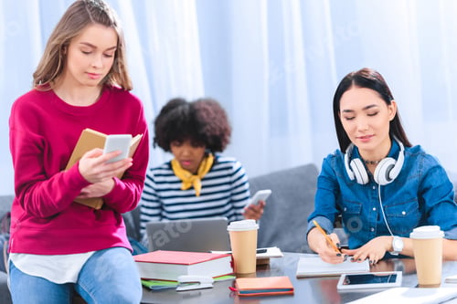 Preview: multicultural group of young students studying together