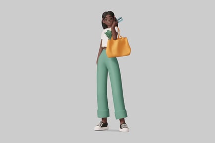 Preview: Young woman in a cartoon style illustration holding a yellow bag and a credit card