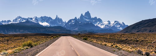 Preview: Long straight road to El Chalten, with Mount Fitz Roy (aka Cerro Chalten) behind, El Chalten, Patago