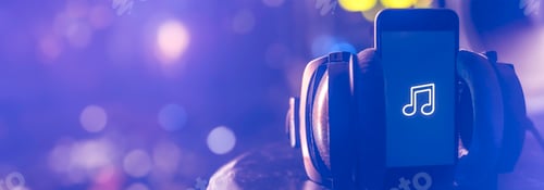Preview: Music background with phone and with music icon, modern technology concept.