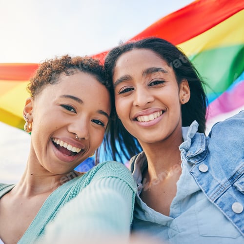 Preview: Portrait, couple and lesbian with women in selfie, pride flag and lgbt relationship, happiness outd