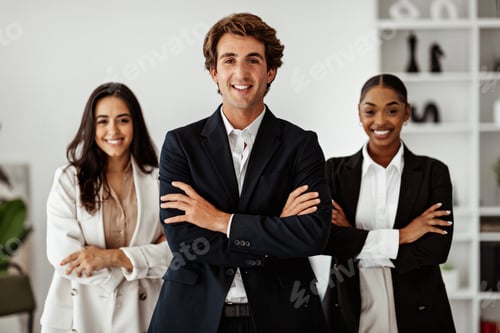 Preview: Successful european businessman standing in front of business team posing in office interior