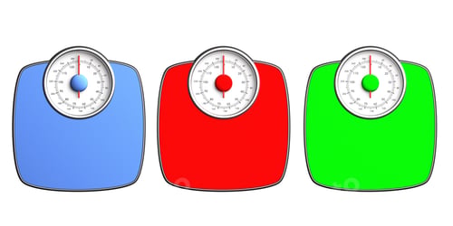 Preview: Weight scales colorful isolated on white background, top view. 3d illustration