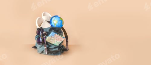 Preview: Trips. picking suitcase, things for tourism. Rest in a road trip. Tourism and travel accessories