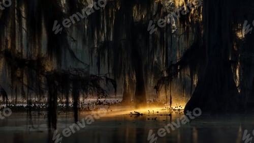Preview: Beautiful cypress swamps in the USA during a foggy autumn evening
