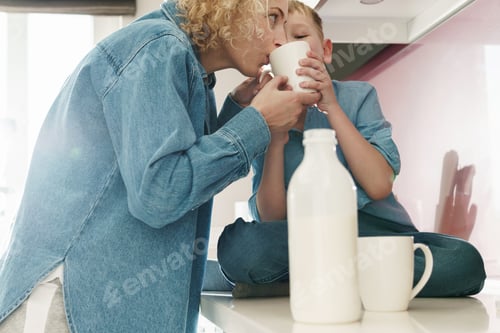 Preview: Mother and her cute son drinking milk on the kitchen